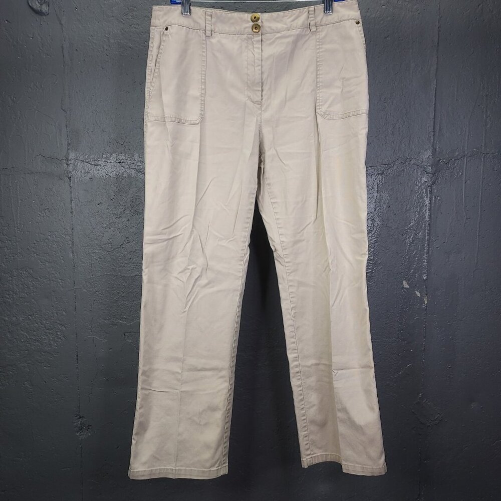 Charter Club Katherine Fit Pants Women 14 Petite Khaki Trousers Full Length Snap